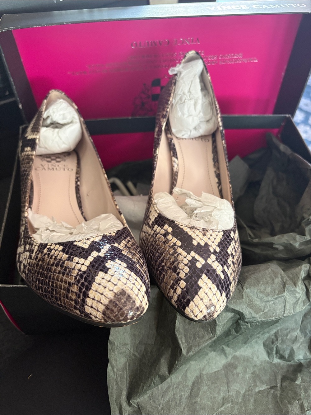 Vince Camuto Snake-Print Pointed Toe Pumps in Beige and Dark Brown